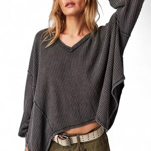 We The Free V-Neck Free People Caroline Thermal Grey Wash Sweater
